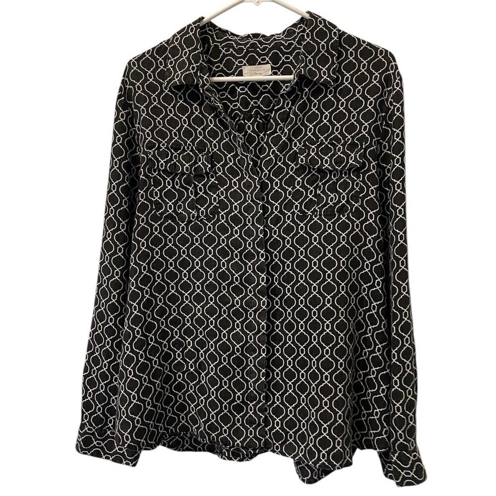 Charter Club Sz XL Linen Blouse Top Black White Long Sleeves Roll Tab
